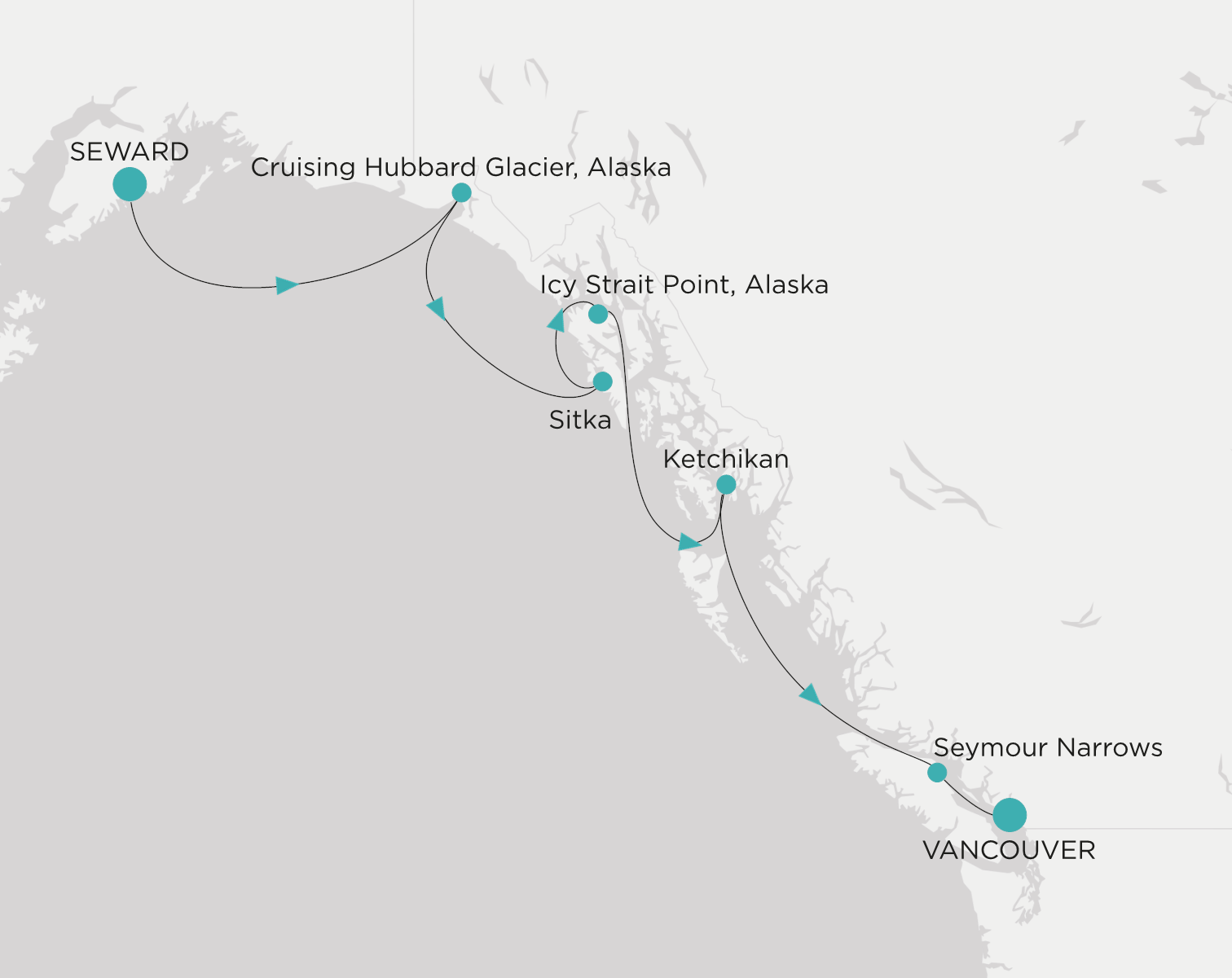 Carte de l’itinéraire Crystal Symphony, Seward (Anchorage, Alaska) → Vancouver
