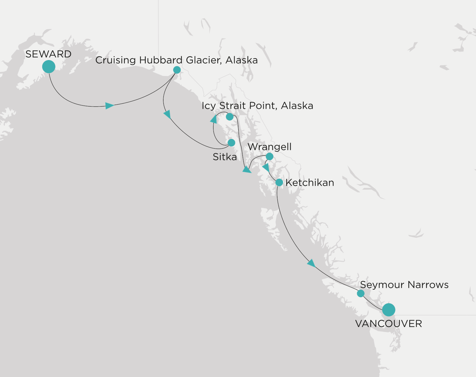 Carte de l’itinéraire Crystal Symphony, Seward (Anchorage, Alaska) → Vancouver