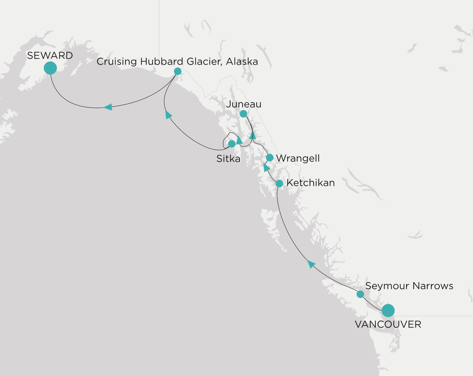 Carte de l’itinéraire Crystal Symphony, Vancouver → Seward (Anchorage, Alaska)