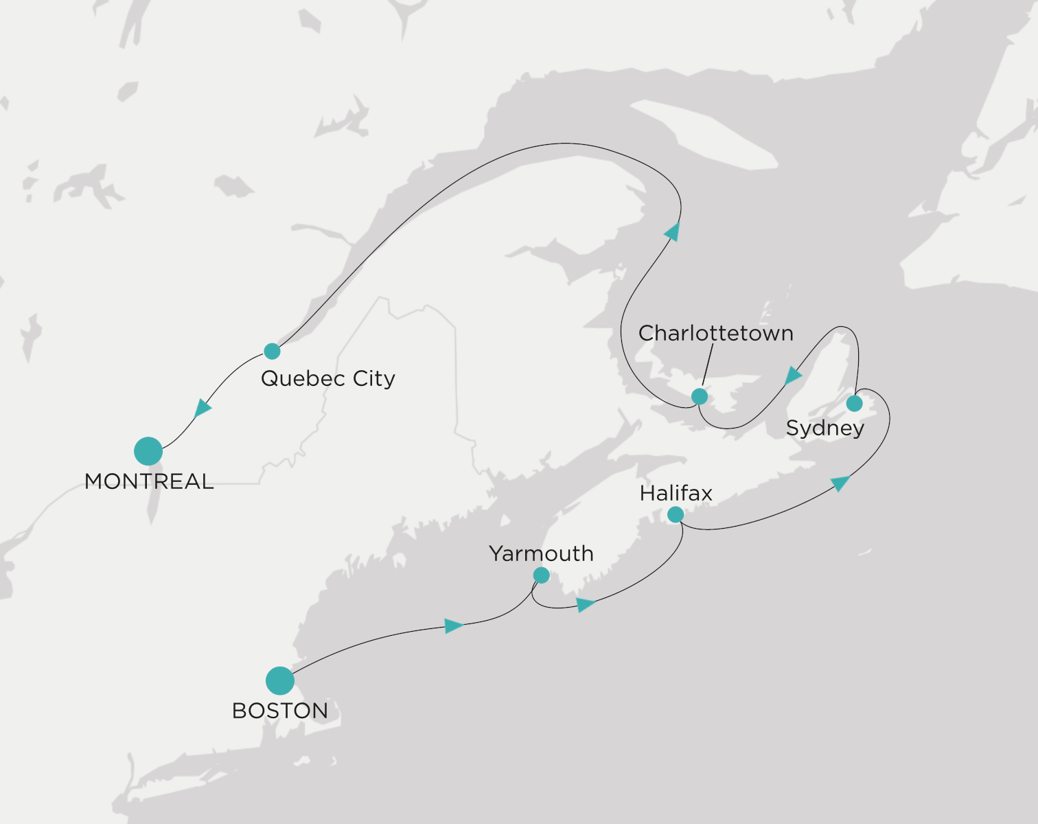 Carte de l’itinéraire Crystal Symphony, Boston → Montreal
