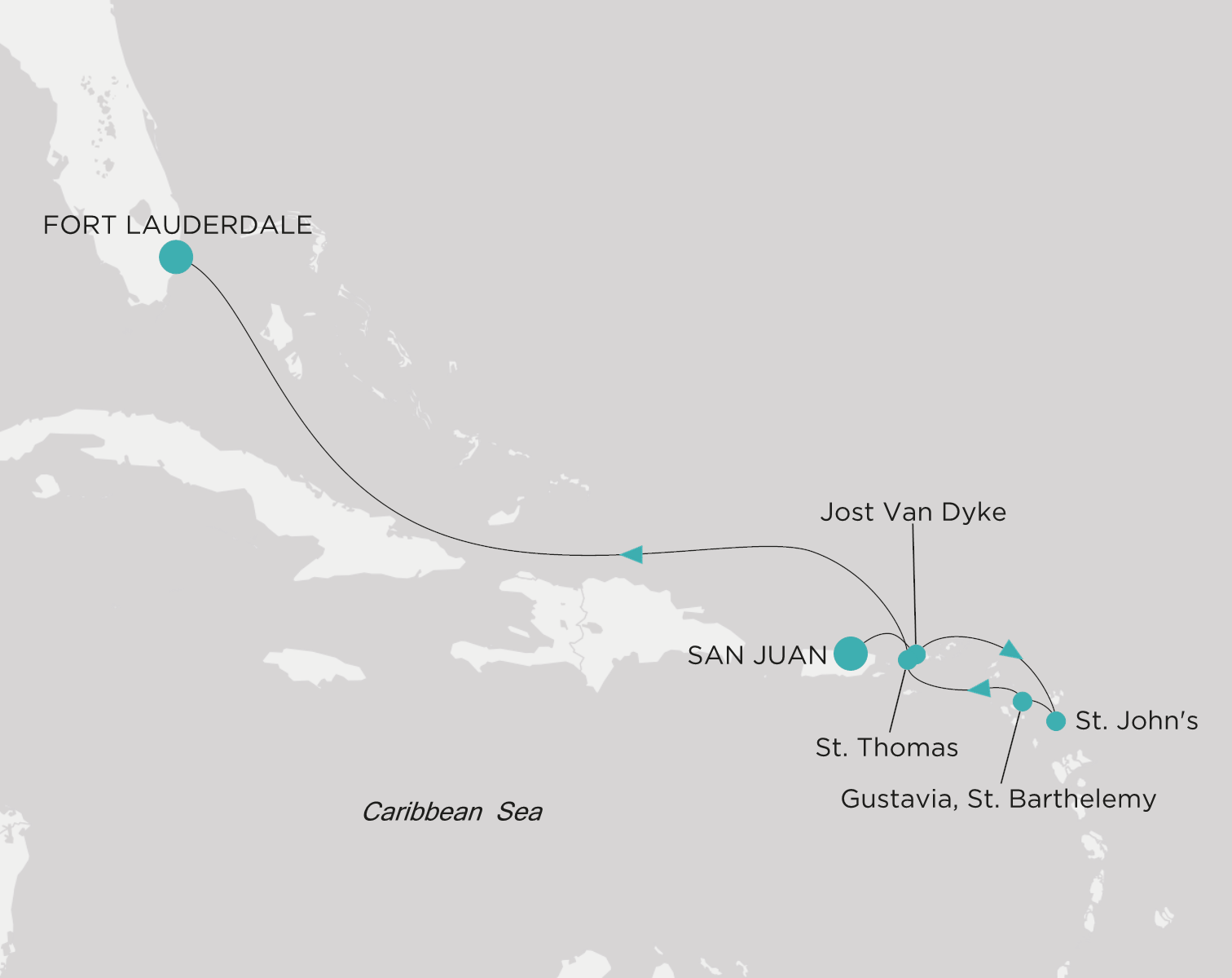 Carte de l’itinéraire Crystal Symphony, San Juan → Fort Lauderdale