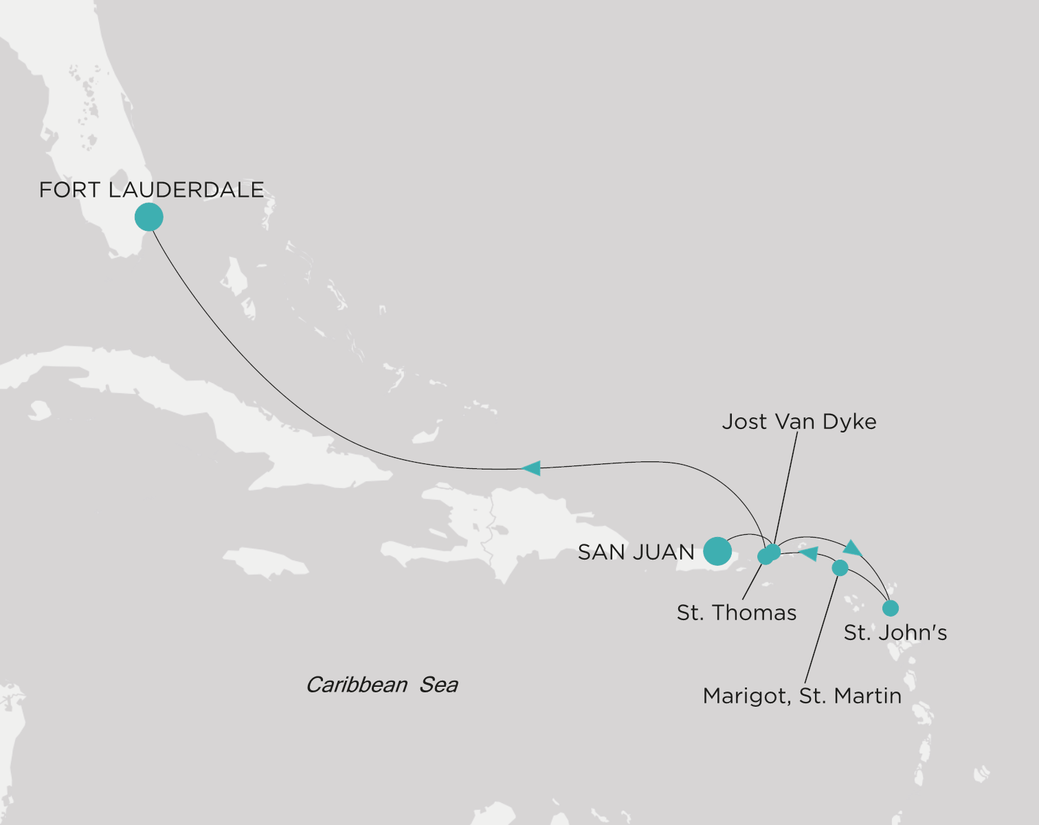 Carte de l’itinéraire Crystal Symphony, San Juan → Fort Lauderdale