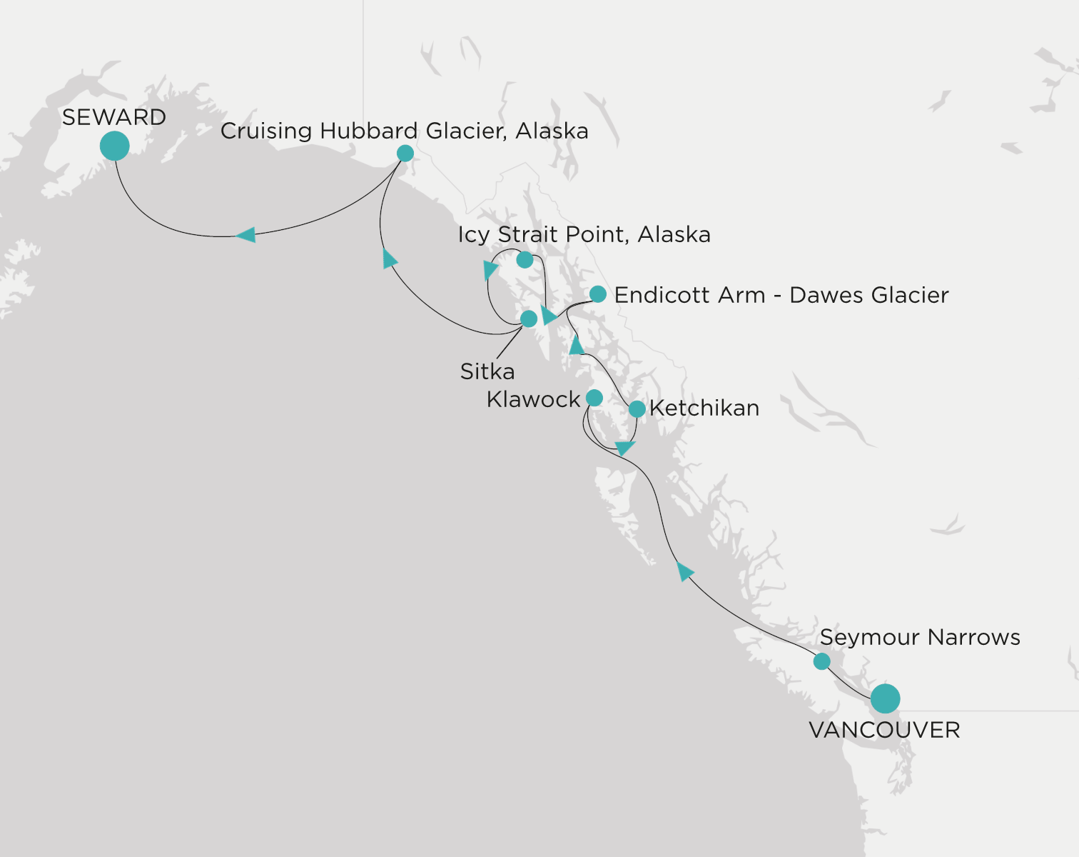 Carte de l’itinéraire Crystal Symphony, Vancouver → Seward (Anchorage, Alaska)
