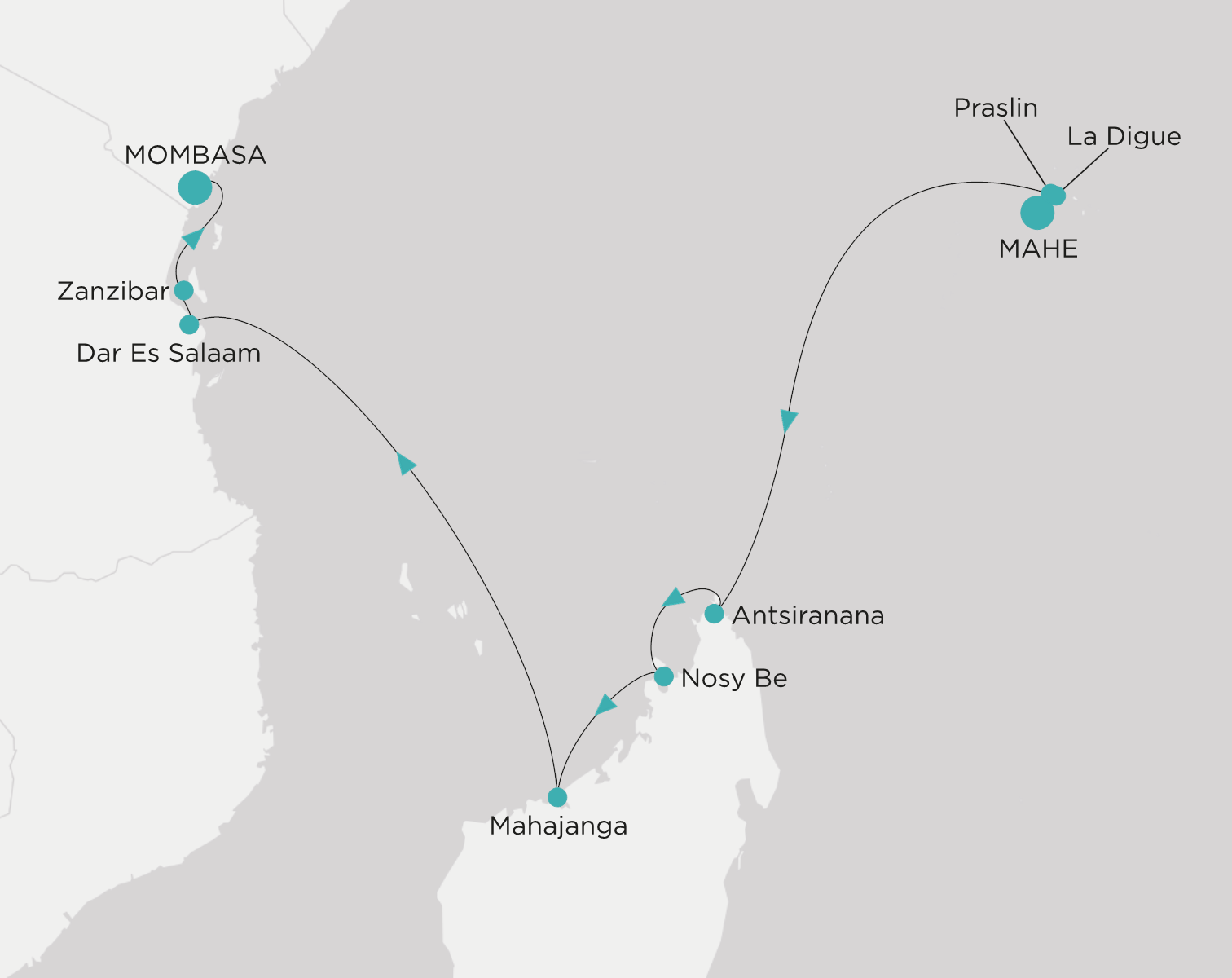 Carte de l’itinéraire Crystal Symphony, Mahe → Mombasa