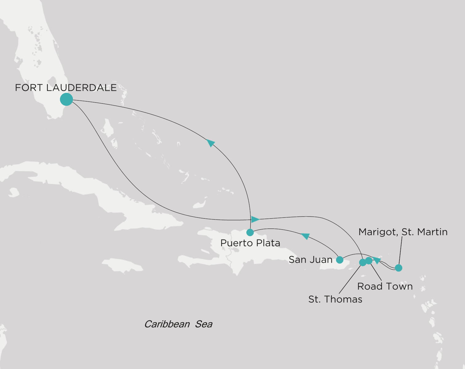 Carte de l’itinéraire Crystal Symphony, Fort Lauderdale → Fort Lauderdale