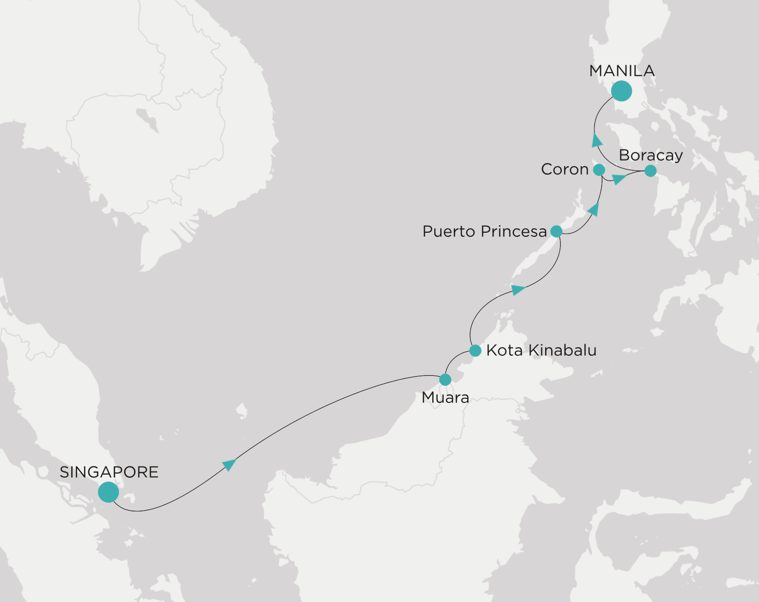 Carte de l’itinéraire Crystal Symphony, Singapour → Manila