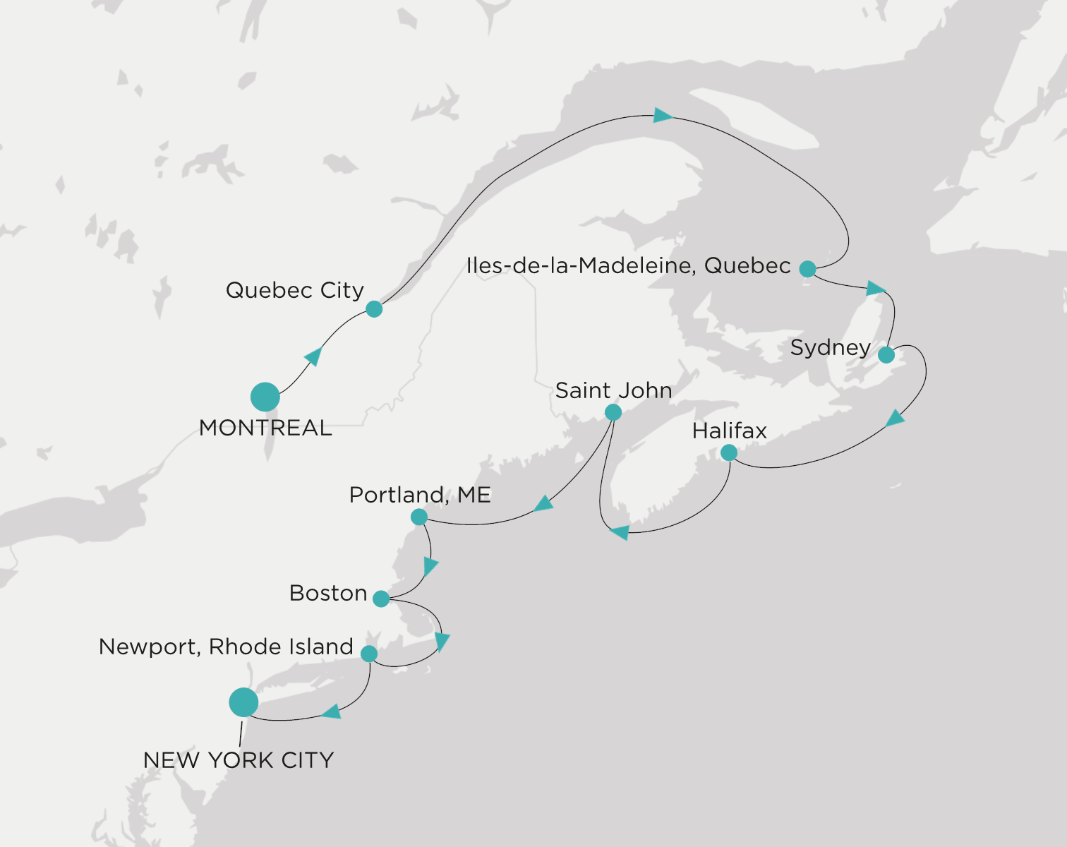Carte de l’itinéraire Crystal Symphony, Montreal → New York