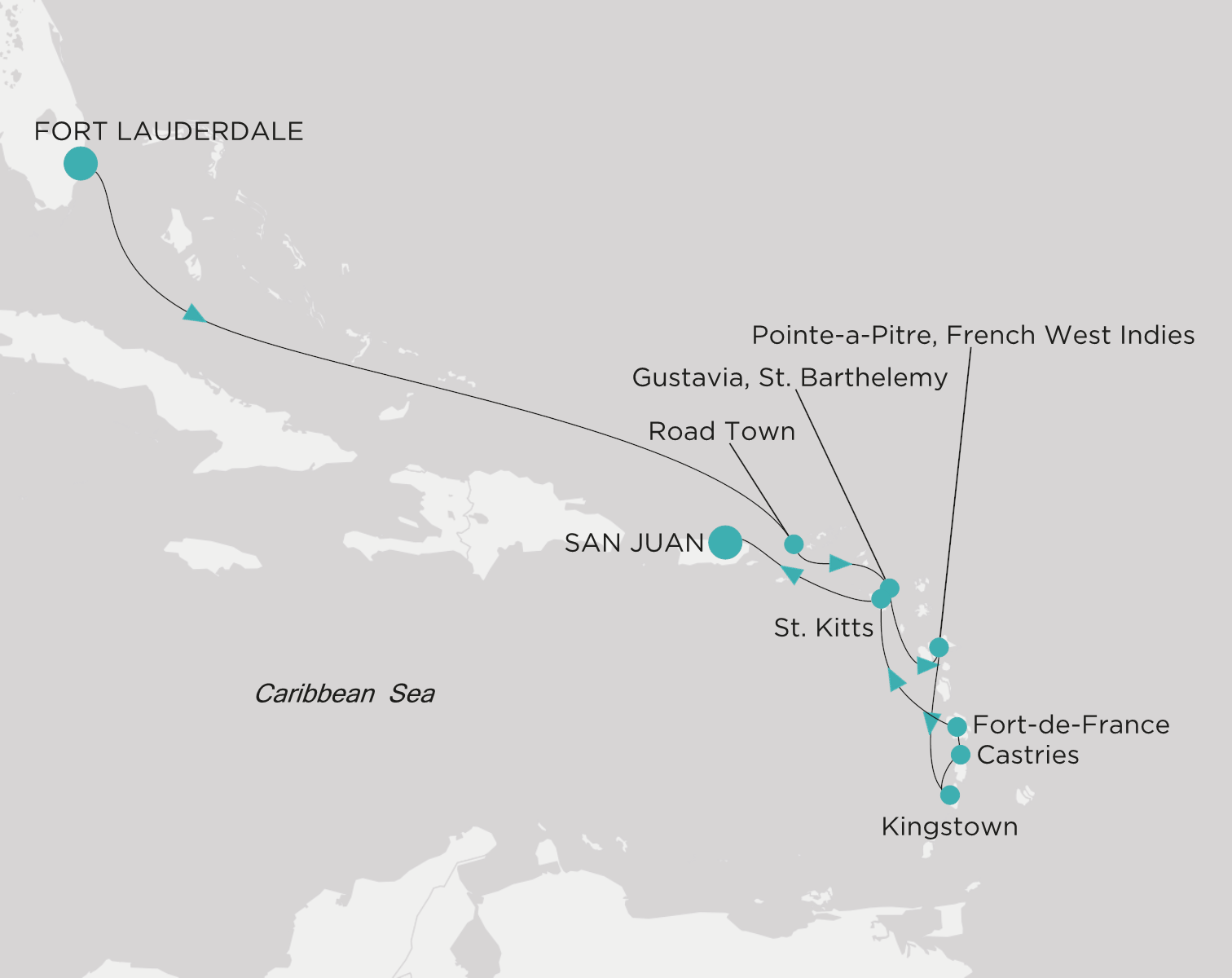 Carte de l’itinéraire Crystal Symphony, Fort Lauderdale → San Juan
