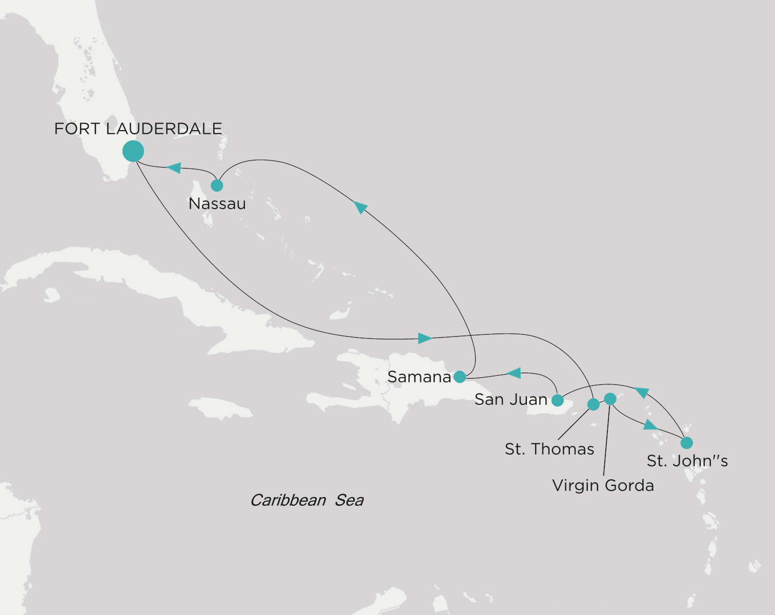 Carte de l’itinéraire Crystal Symphony, Fort Lauderdale → Fort Lauderdale
