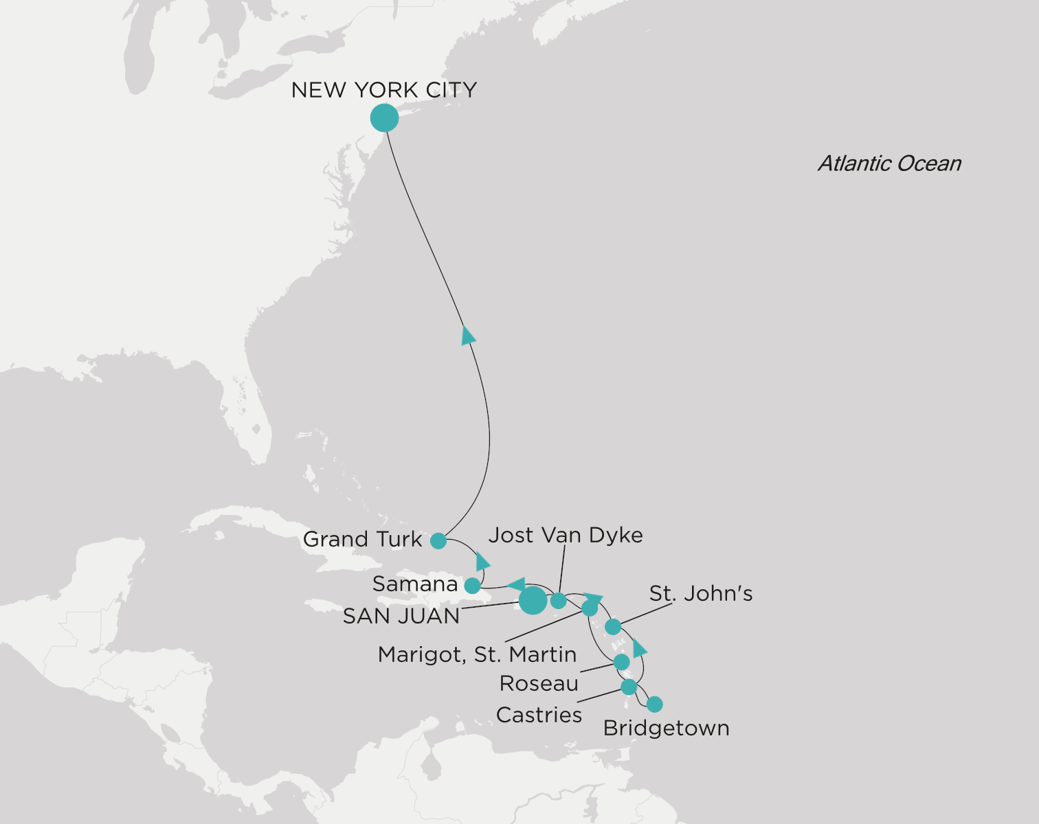 Carte de l’itinéraire Crystal Symphony, San Juan → New York