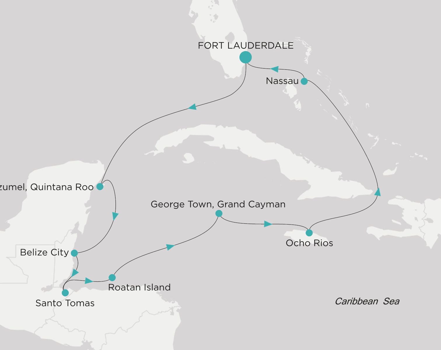 Carte de l’itinéraire Crystal Symphony, Fort Lauderdale → Fort Lauderdale