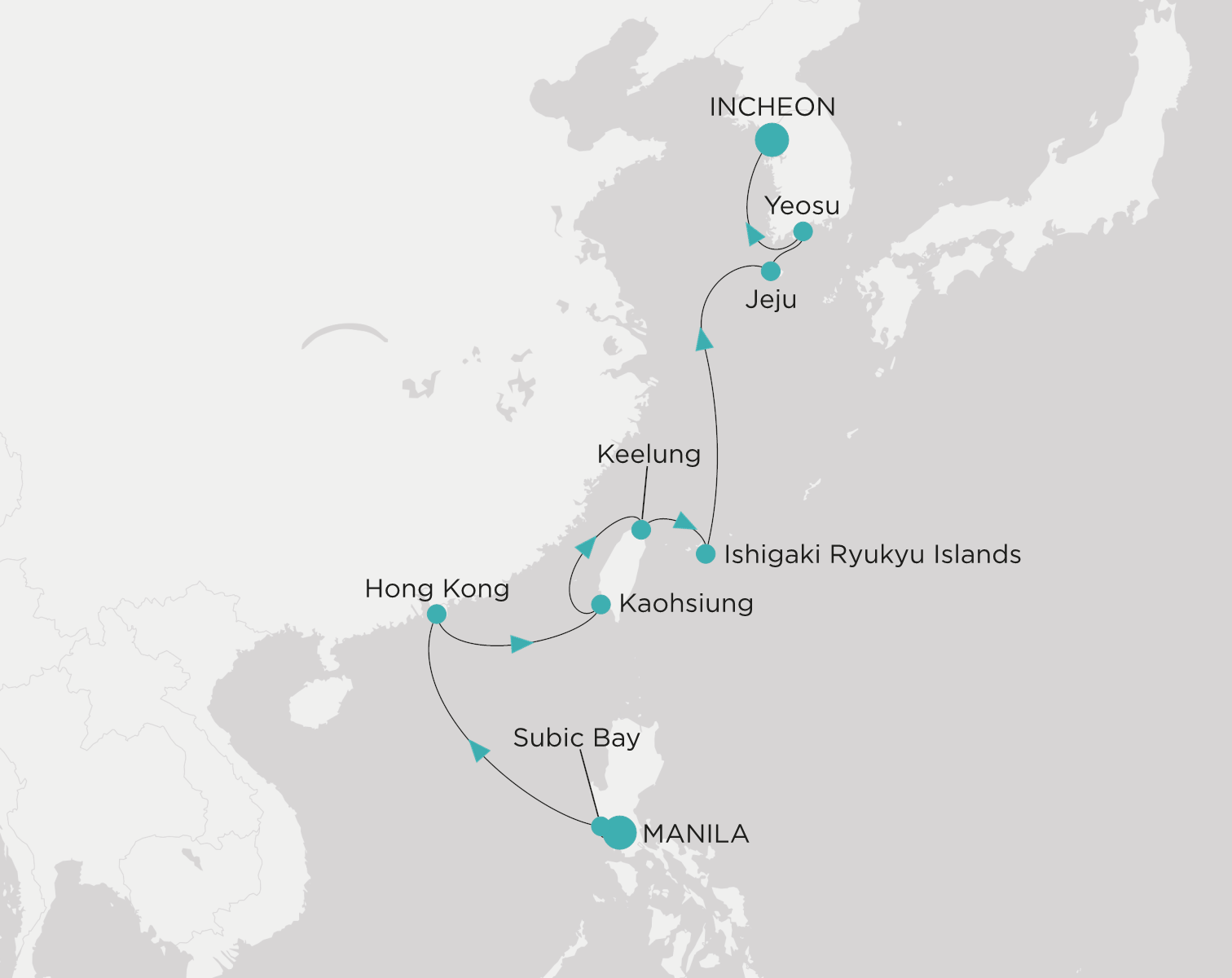 Carte de l’itinéraire Crystal Symphony, Manila → Incheon (Seoul)