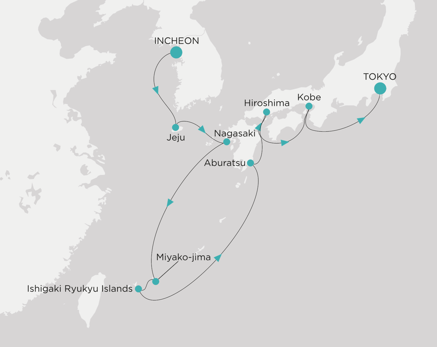 Carte de l’itinéraire Crystal Symphony, Incheon (Seoul) → Tokyo