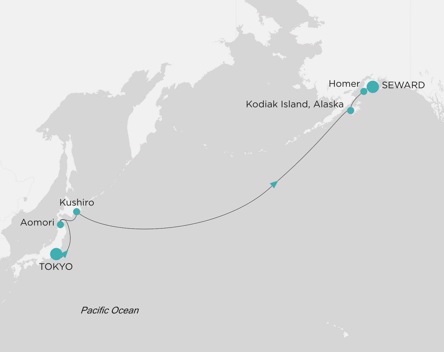 Carte de l’itinéraire Crystal Symphony, Tokyo → Seward (Anchorage, Alaska)