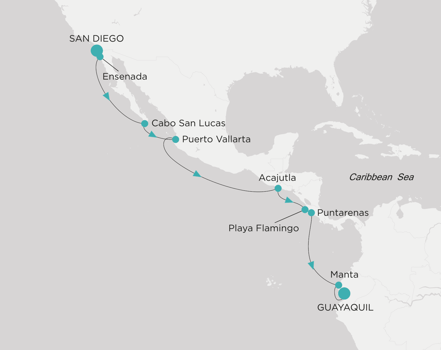 Carte de l’itinéraire Crystal Symphony, San Diego → Guayaquil