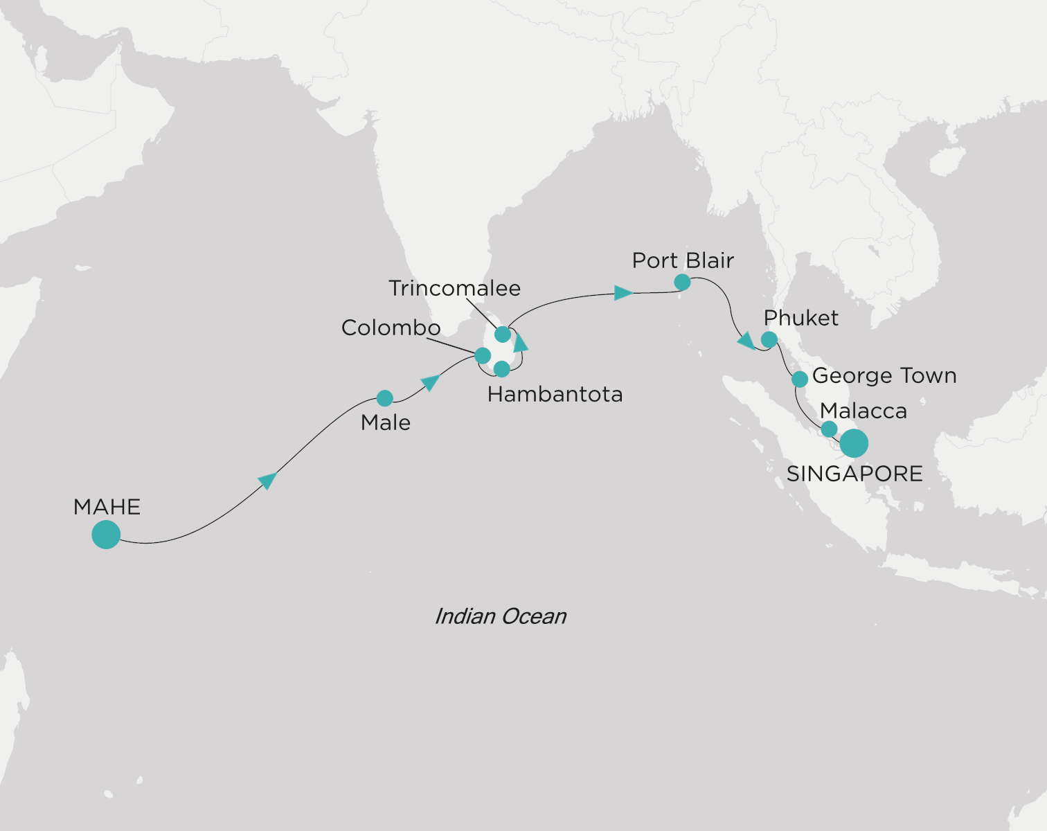 Carte de l’itinéraire Crystal Symphony, Mahe → Singapour