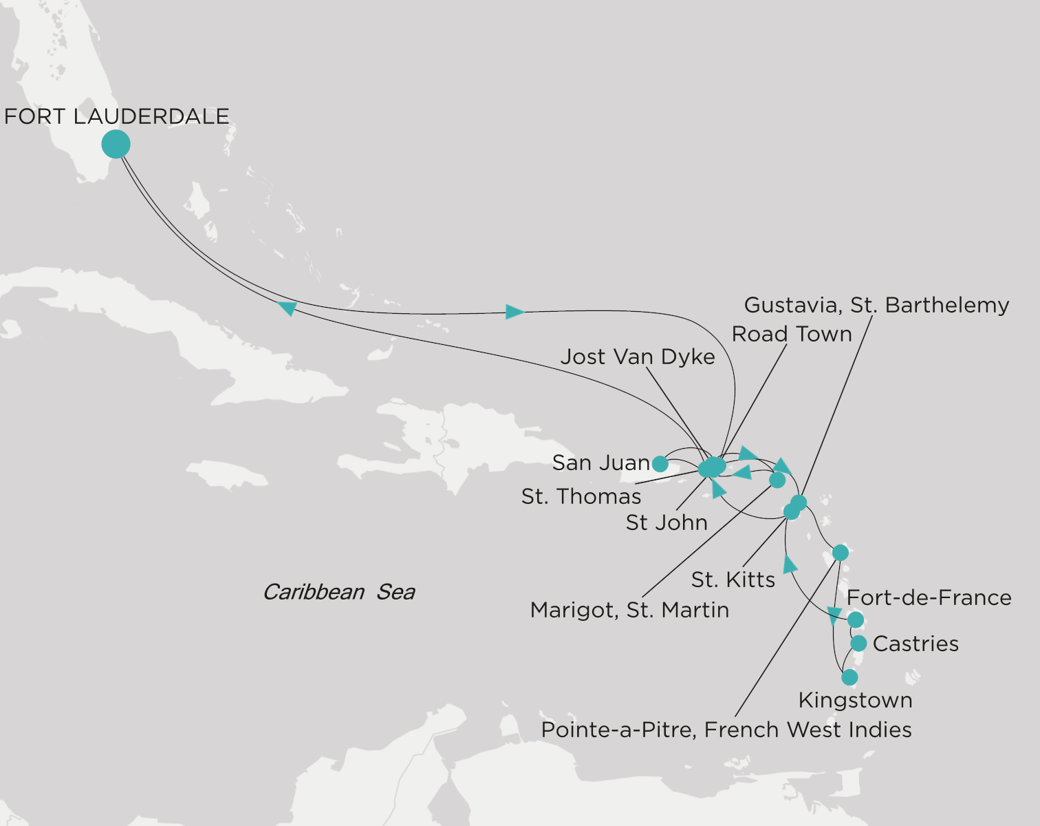 Carte de l’itinéraire Crystal Symphony, Fort Lauderdale → Fort Lauderdale