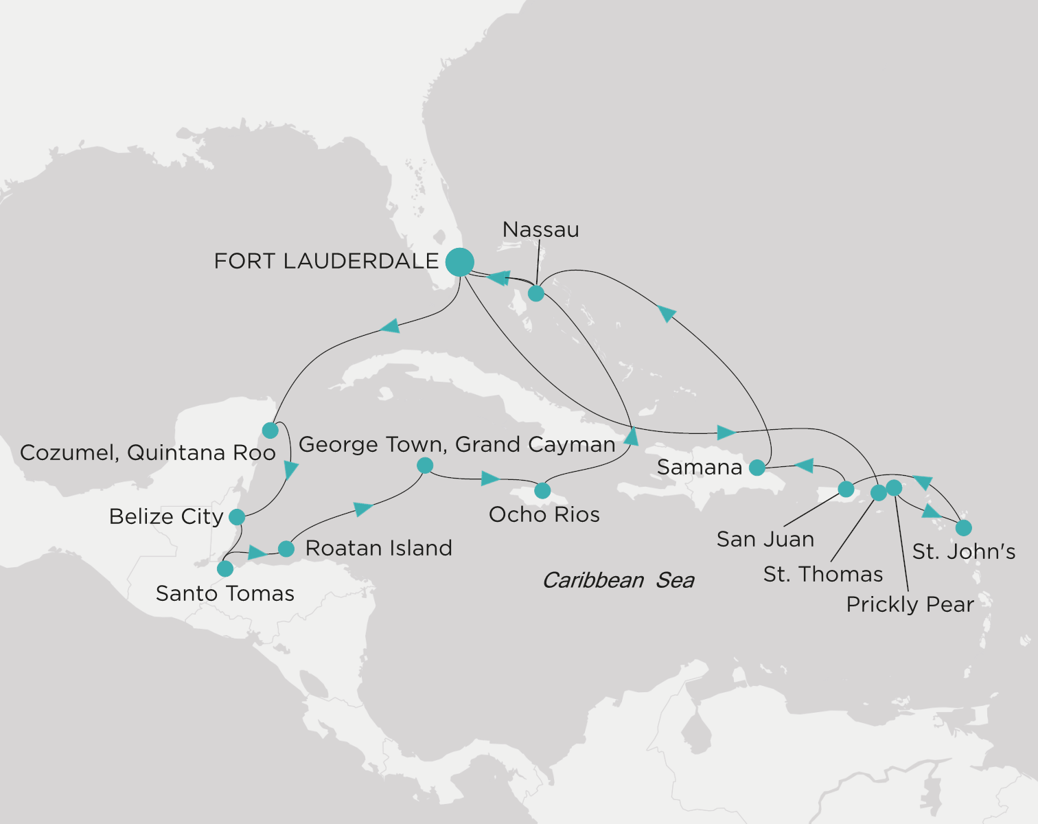 Carte de l’itinéraire Crystal Symphony, Fort Lauderdale → Fort Lauderdale