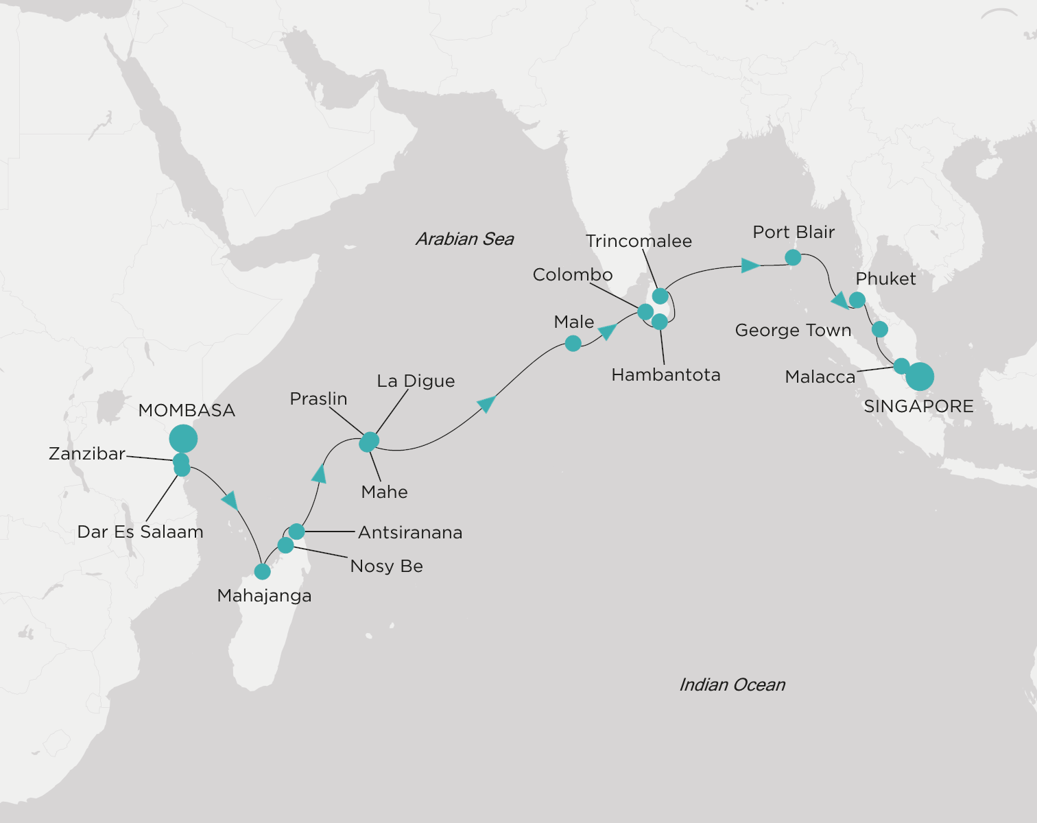 Carte de l’itinéraire Crystal Symphony, Mombasa → Singapour