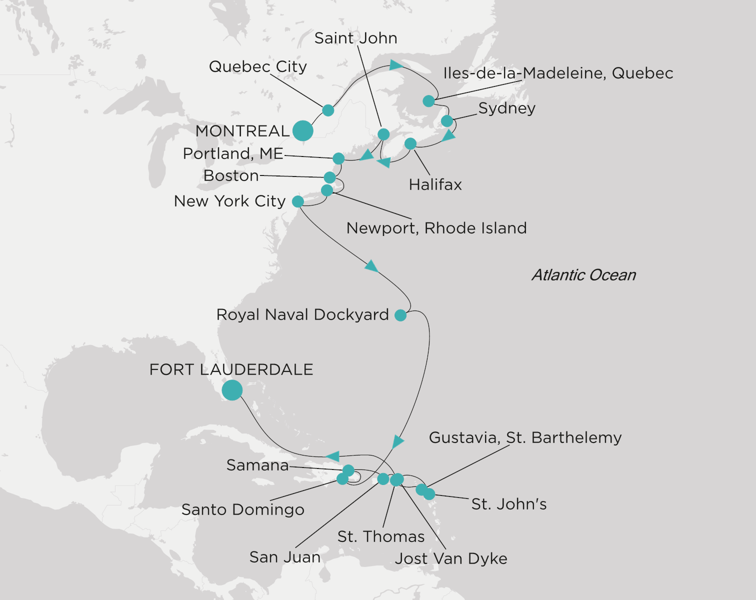 Carte de l’itinéraire Crystal Symphony, Montreal → Fort Lauderdale