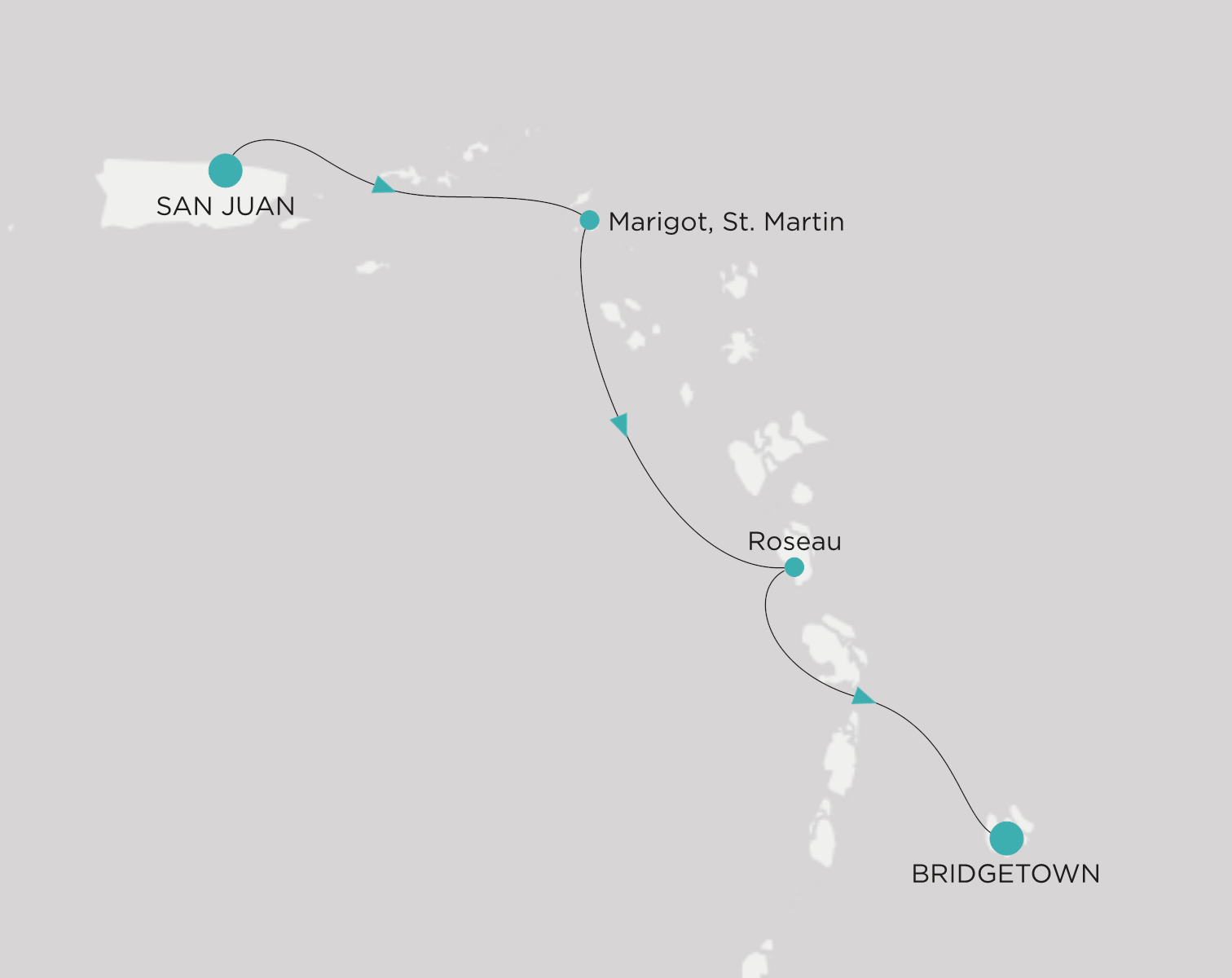 Carte de l’itinéraire Crystal Symphony, San Juan → Bridgetown