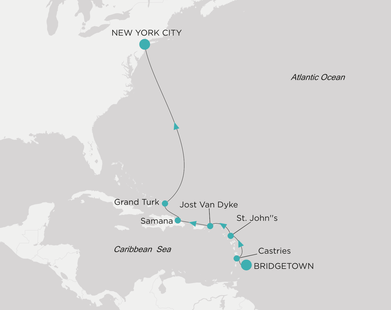Carte de l’itinéraire Crystal Symphony, Bridgetown → New York