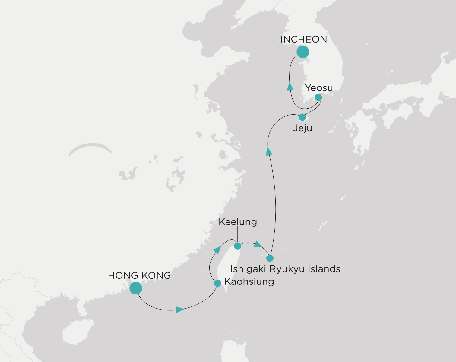 Carte de l’itinéraire Crystal Symphony, Hong Kong → Incheon (Seoul)