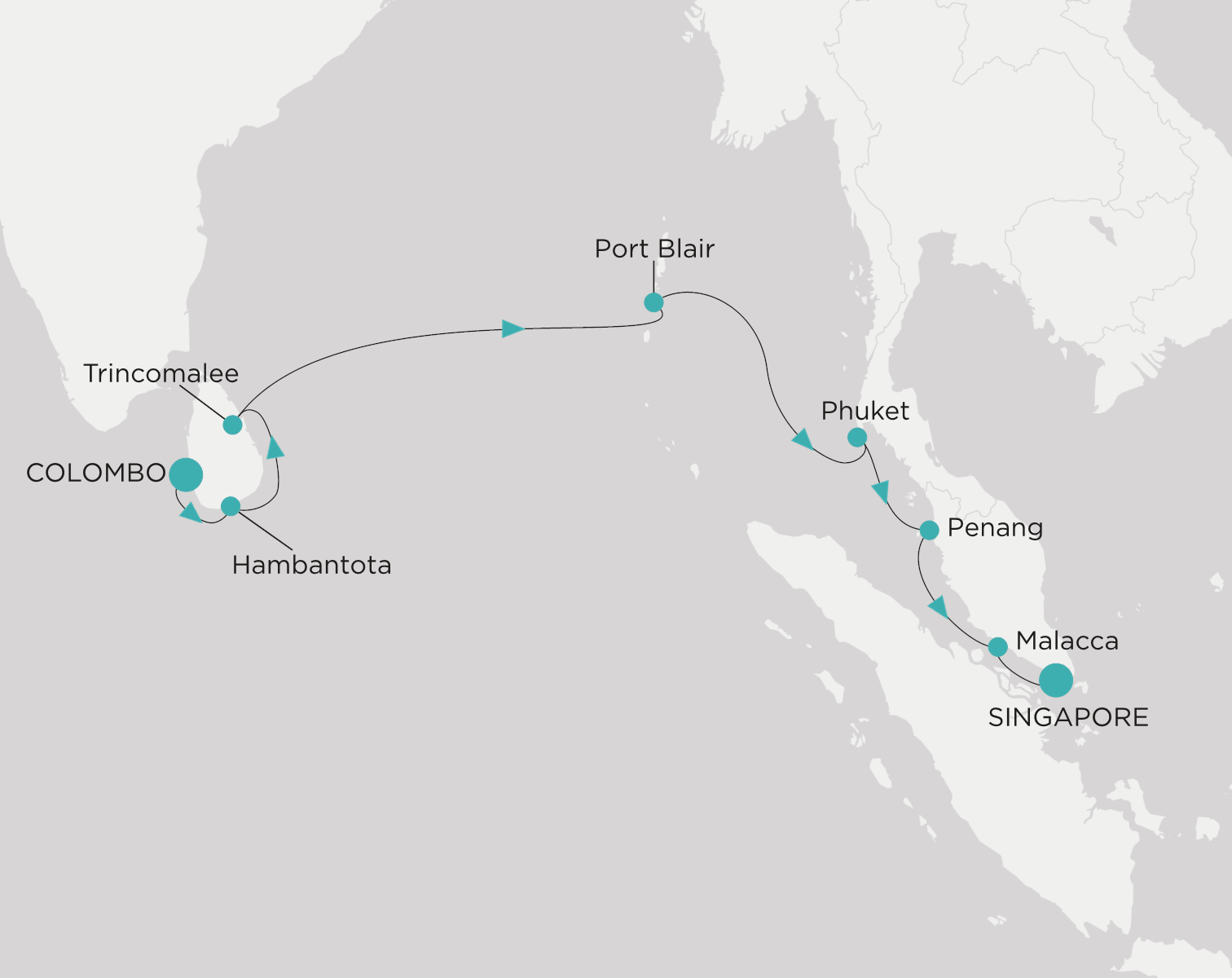 Carte de l’itinéraire Crystal Symphony, Colombo → Singapour