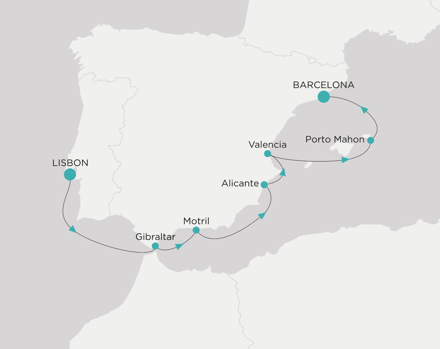 Carte de l’itinéraire Crystal Symphony, Lisbonne → Barcelone