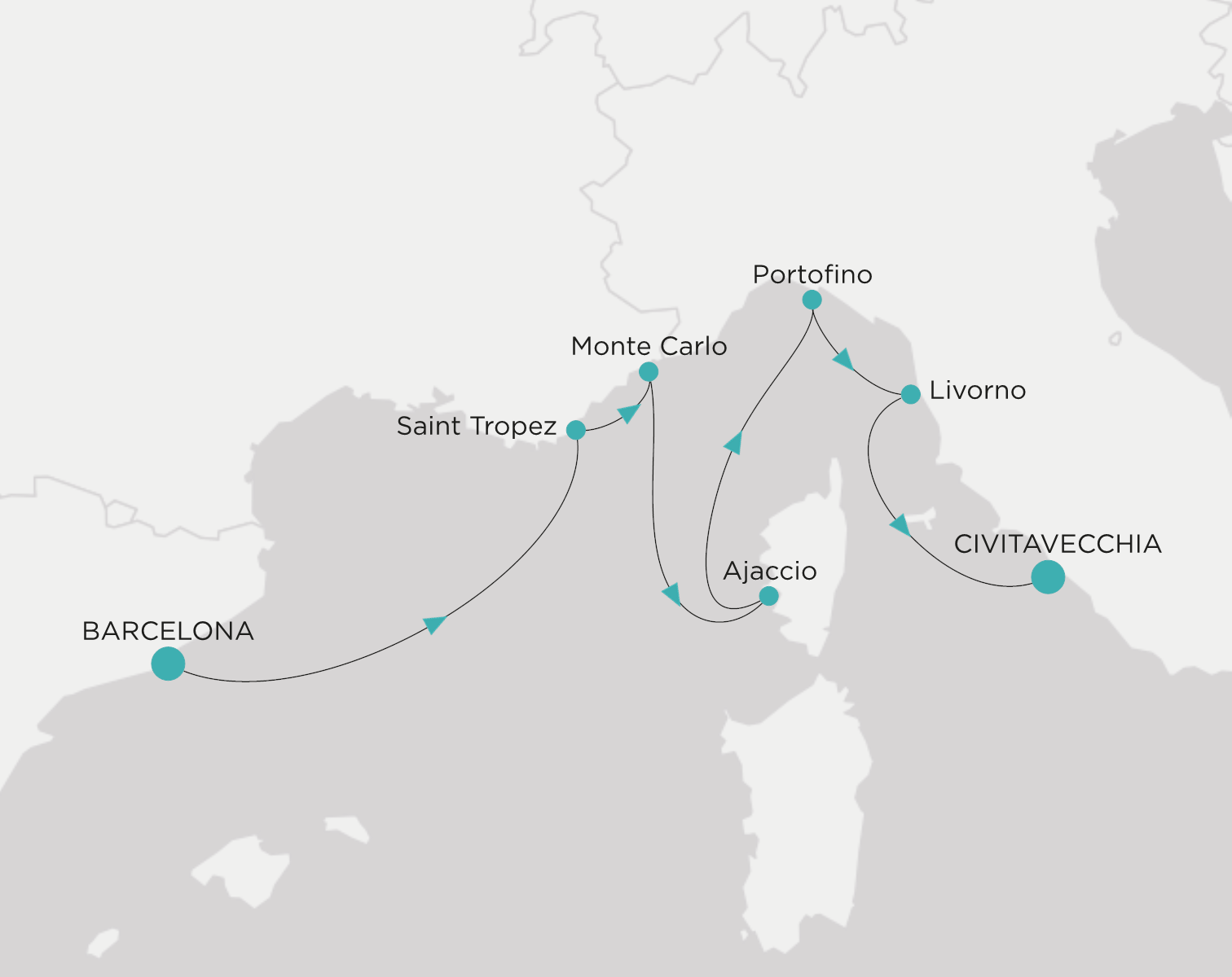Carte de l’itinéraire Crystal Symphony, Barcelone → Civitavecchia (Rome)