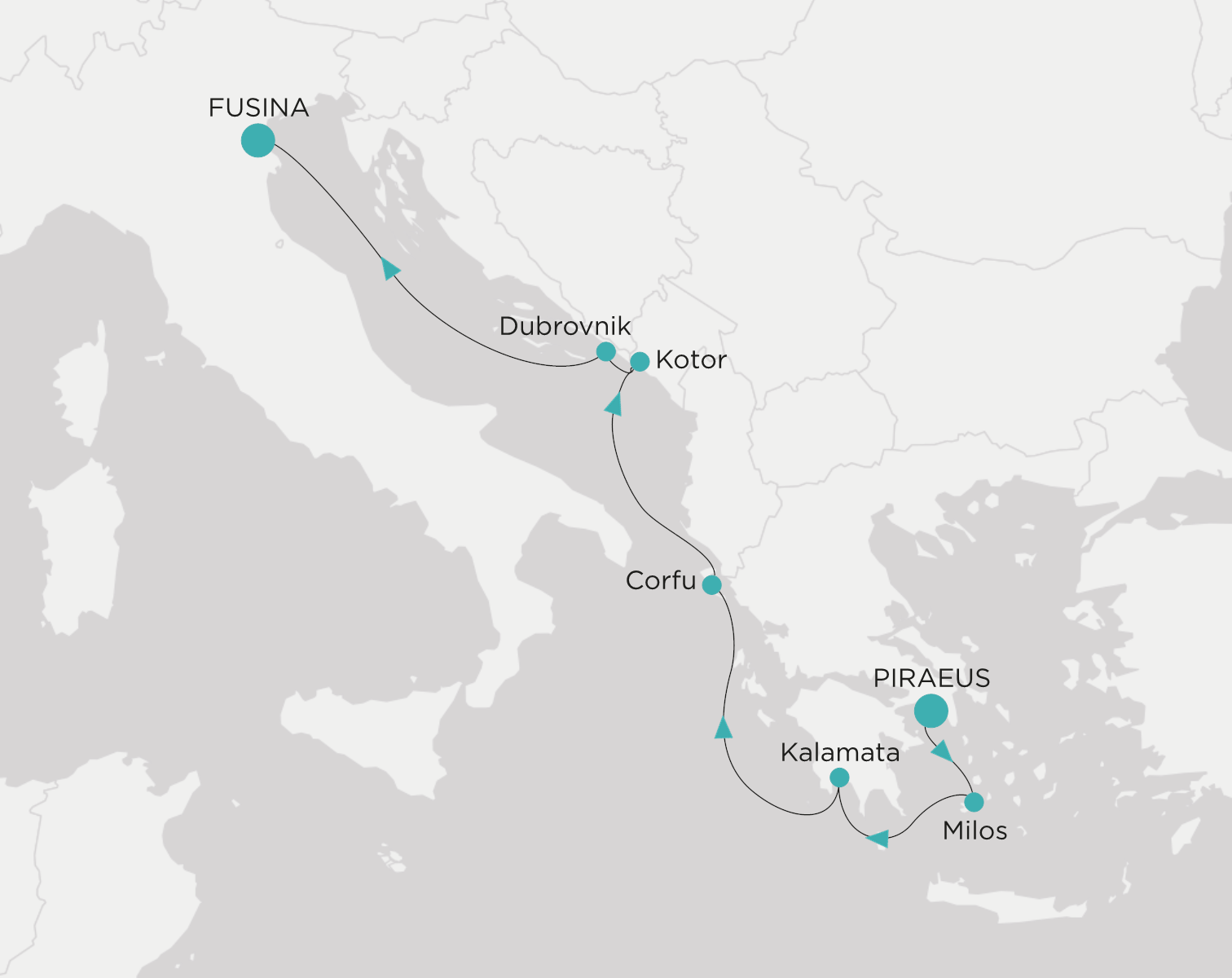 Carte de l’itinéraire Crystal Symphony, Le Pirée (Athènes) → Fusina (Venise)