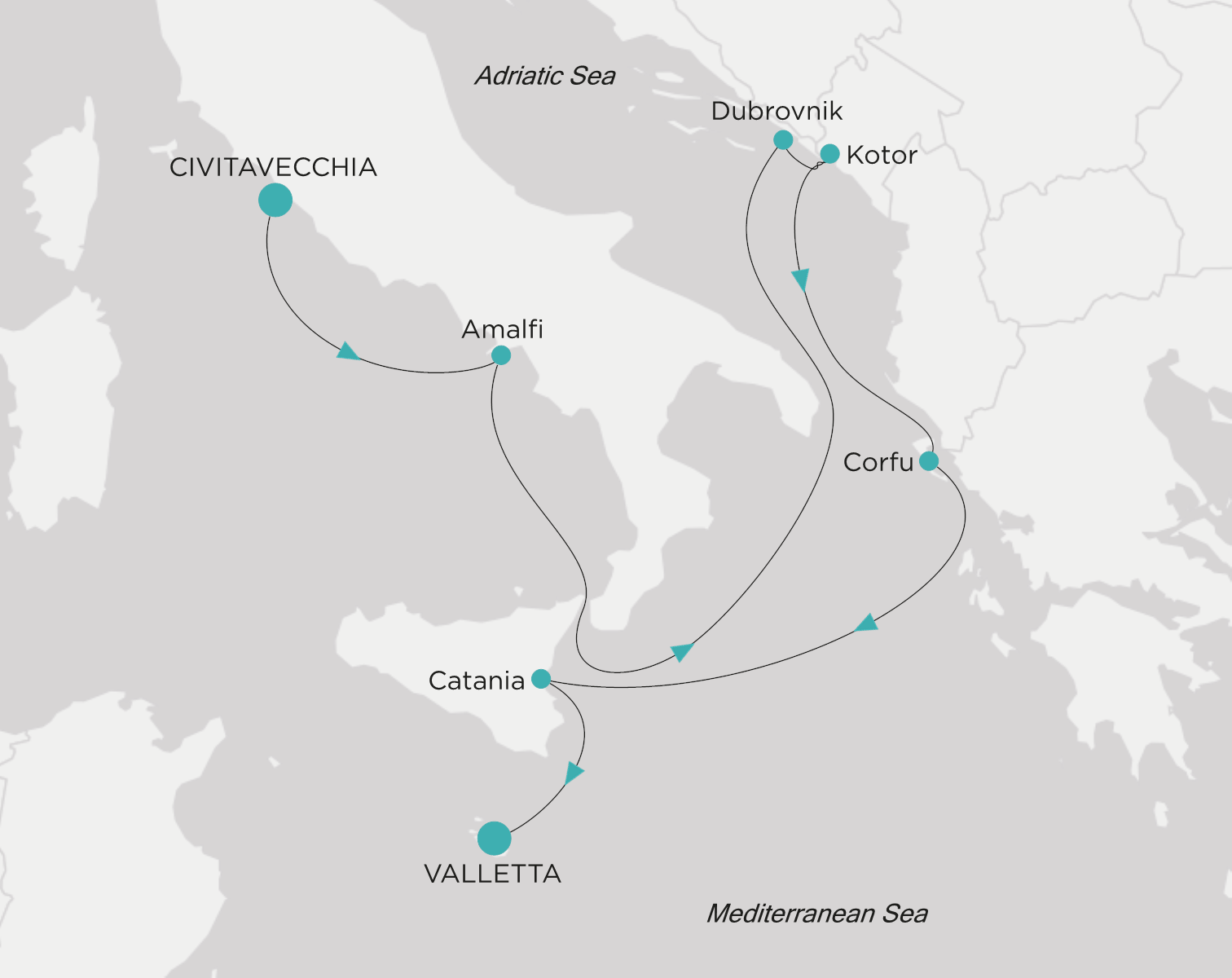 Carte de l’itinéraire Crystal Symphony, Civitavecchia (Rome) → Valletta
