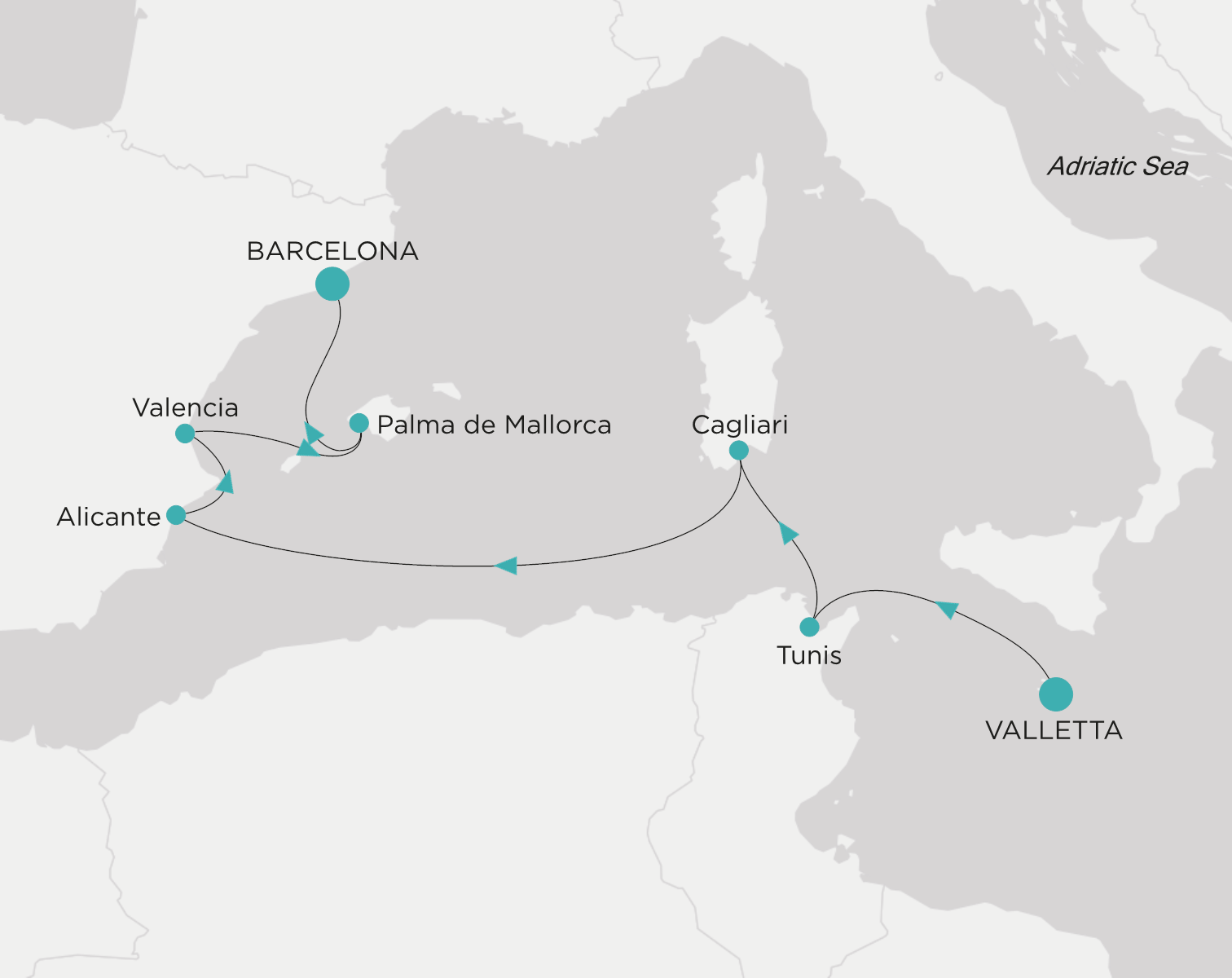 Carte de l’itinéraire Crystal Symphony, Valletta → Barcelone