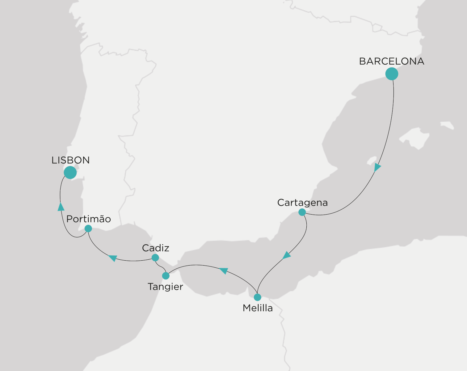 Carte de l’itinéraire Crystal Symphony, Barcelone → Lisbonne