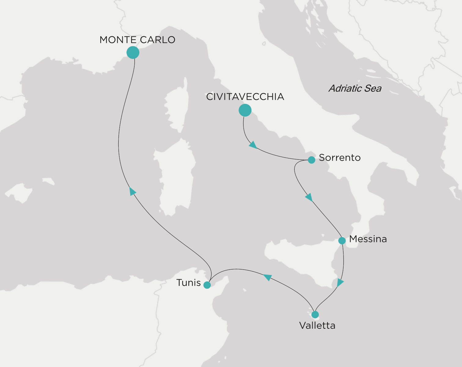 Carte de l’itinéraire Crystal Symphony, Civitavecchia (Rome) → Monte-Carlo