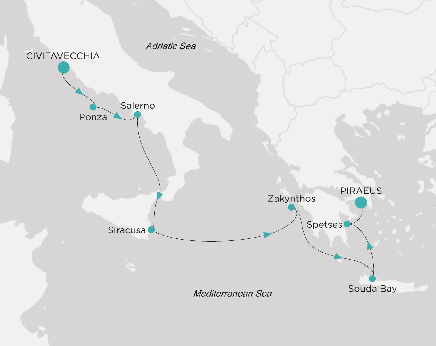 Carte de l’itinéraire Crystal Symphony, Civitavecchia (Rome) → Le Pirée (Athènes)