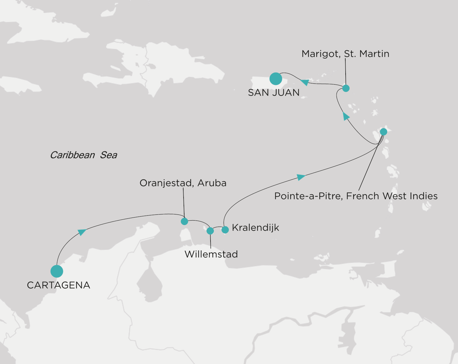 Carte de l’itinéraire Crystal Symphony, Cartagena → San Juan