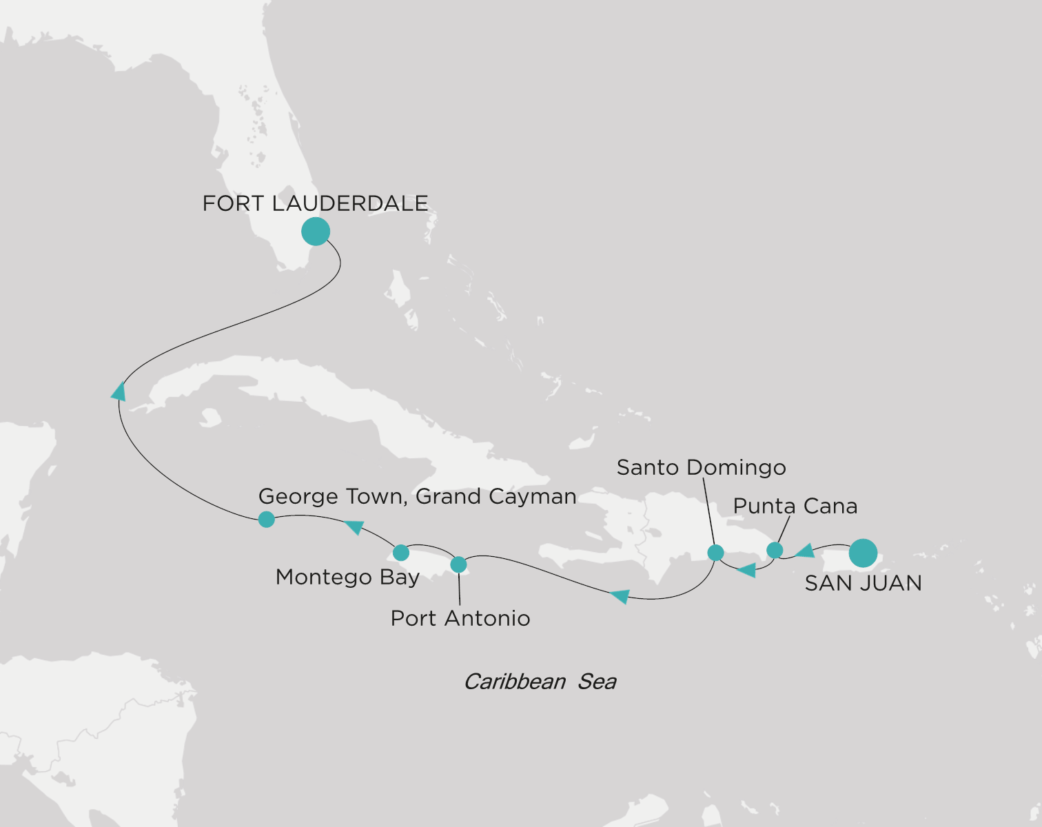 Carte de l’itinéraire Crystal Symphony, San Juan → Fort Lauderdale