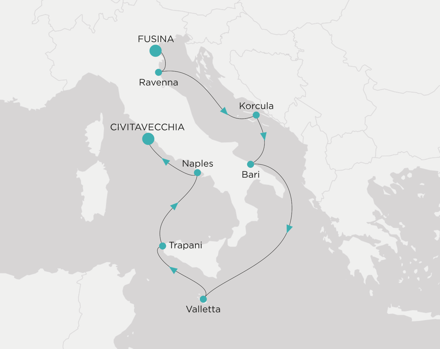 Carte de l’itinéraire Crystal Symphony, Fusina (Venise) → Civitavecchia (Rome)