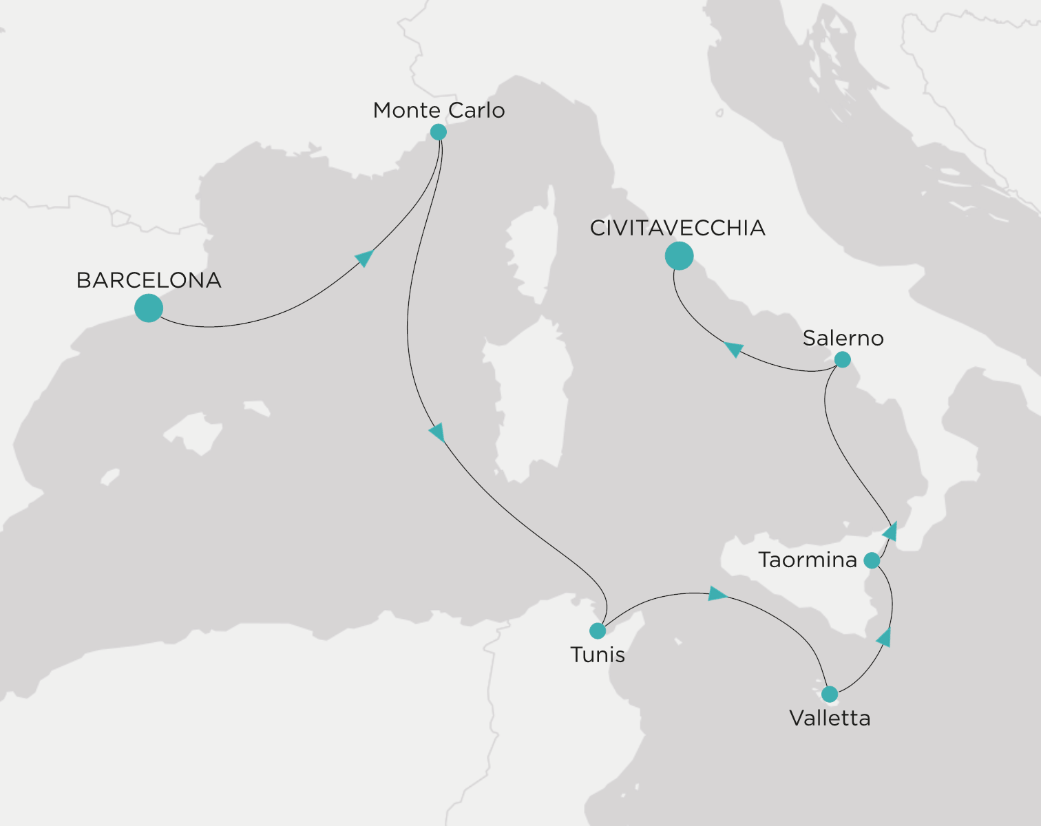 Carte de l’itinéraire Crystal Symphony, Barcelone → Civitavecchia (Rome)