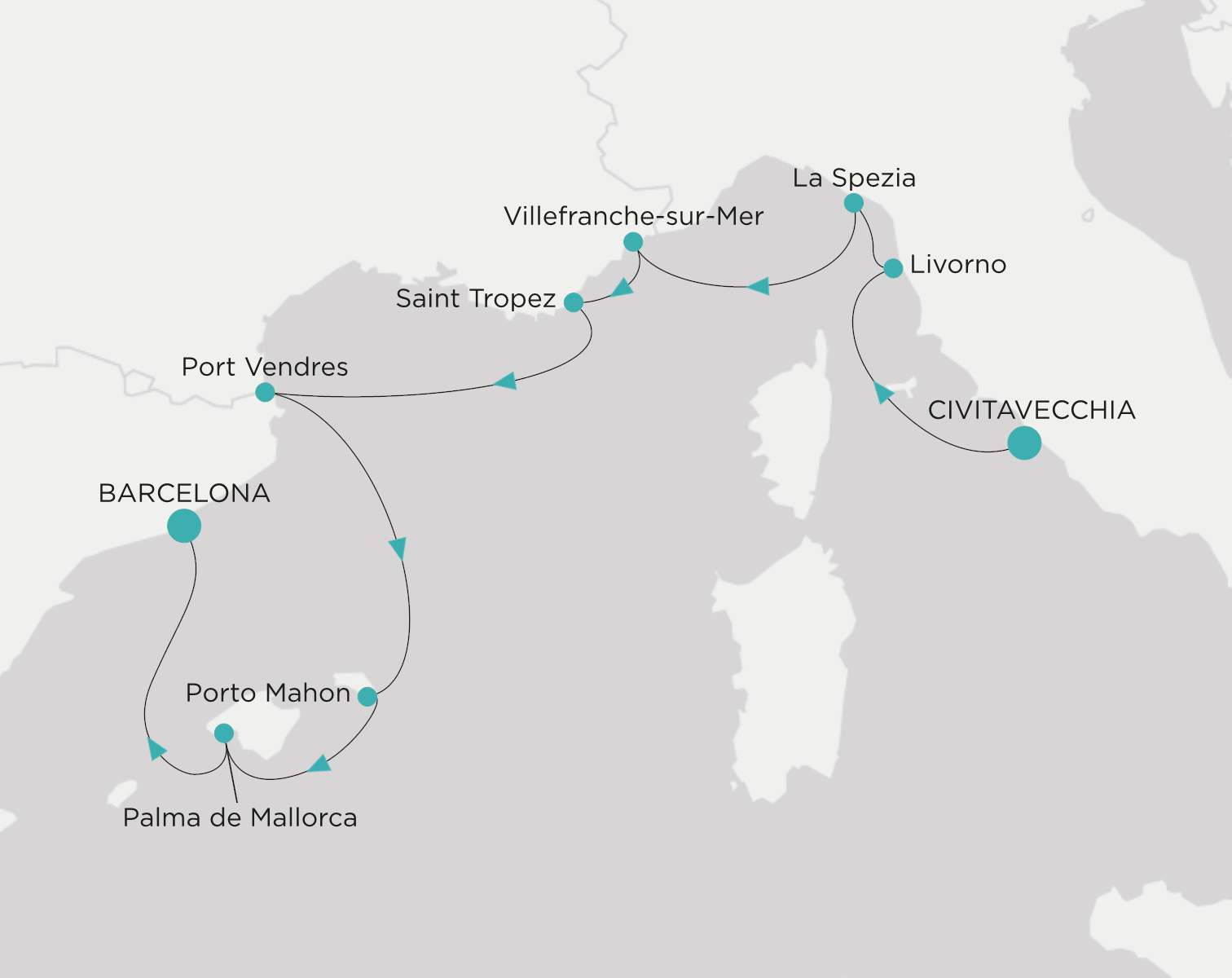 Carte de l’itinéraire Crystal Symphony, Civitavecchia (Rome) → Barcelone