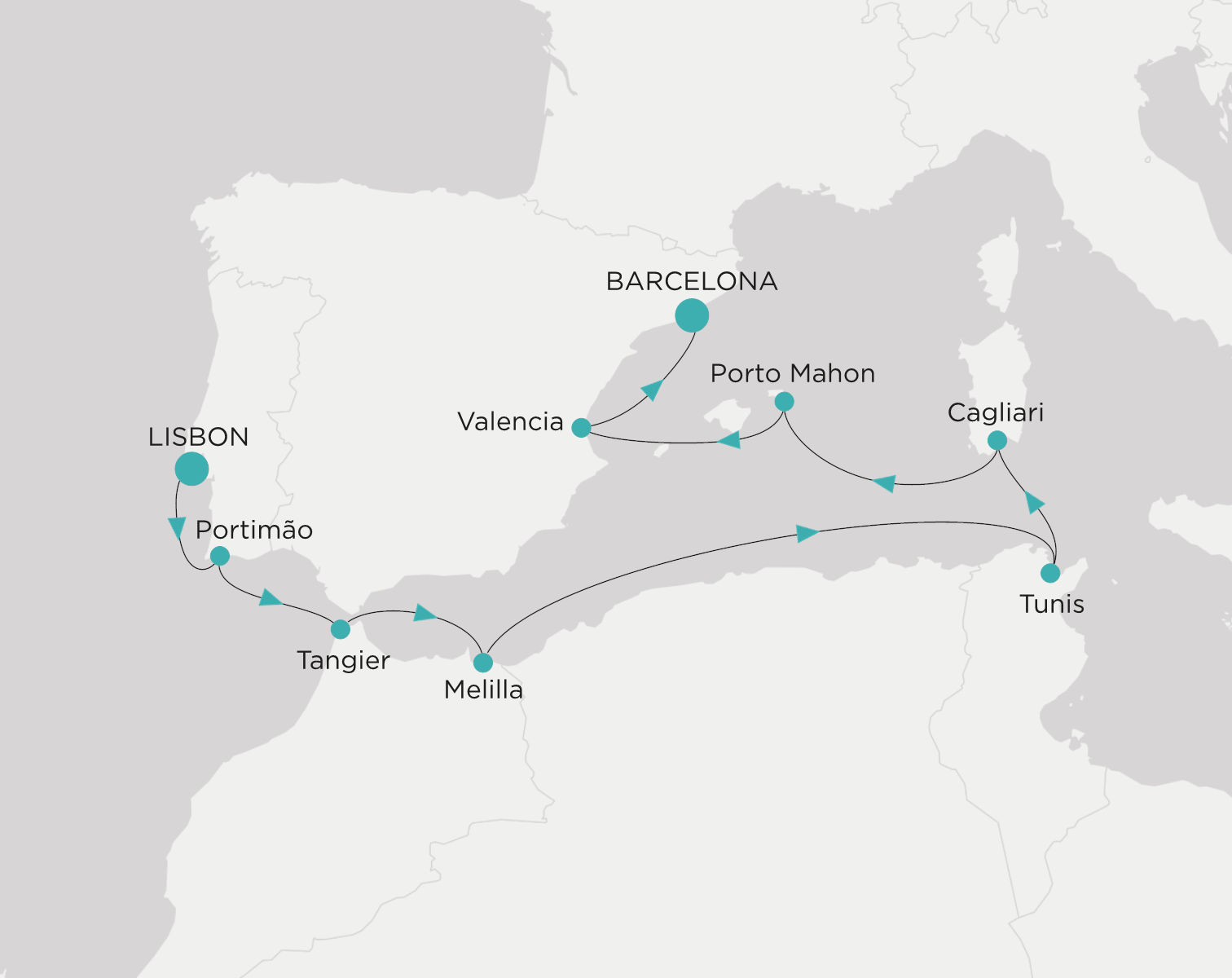 Carte de l’itinéraire Crystal Symphony, Lisbonne → Barcelone