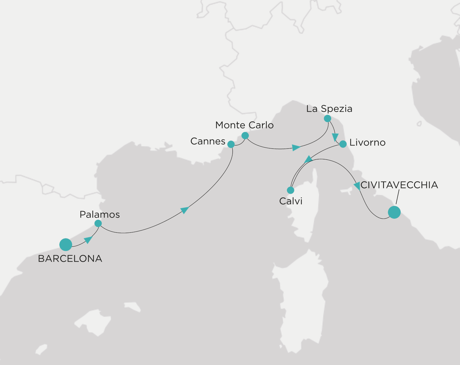 Carte de l’itinéraire Crystal Symphony, Barcelone → Civitavecchia (Rome)