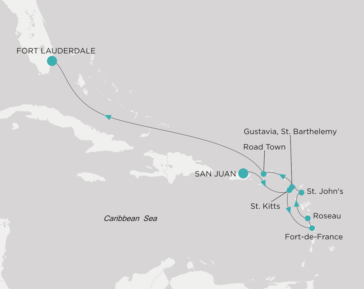 Carte de l’itinéraire Crystal Symphony, San Juan → Fort Lauderdale