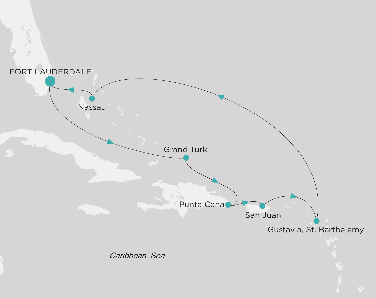 Carte de l’itinéraire Crystal Symphony, Fort Lauderdale → Fort Lauderdale