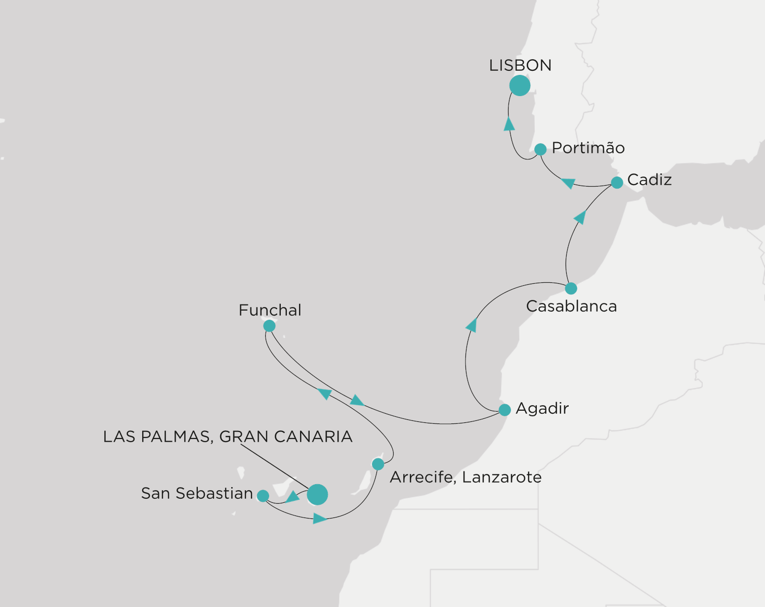 Carte de l’itinéraire Crystal Symphony, Las Palmas (Gran Canaria) → Lisbonne