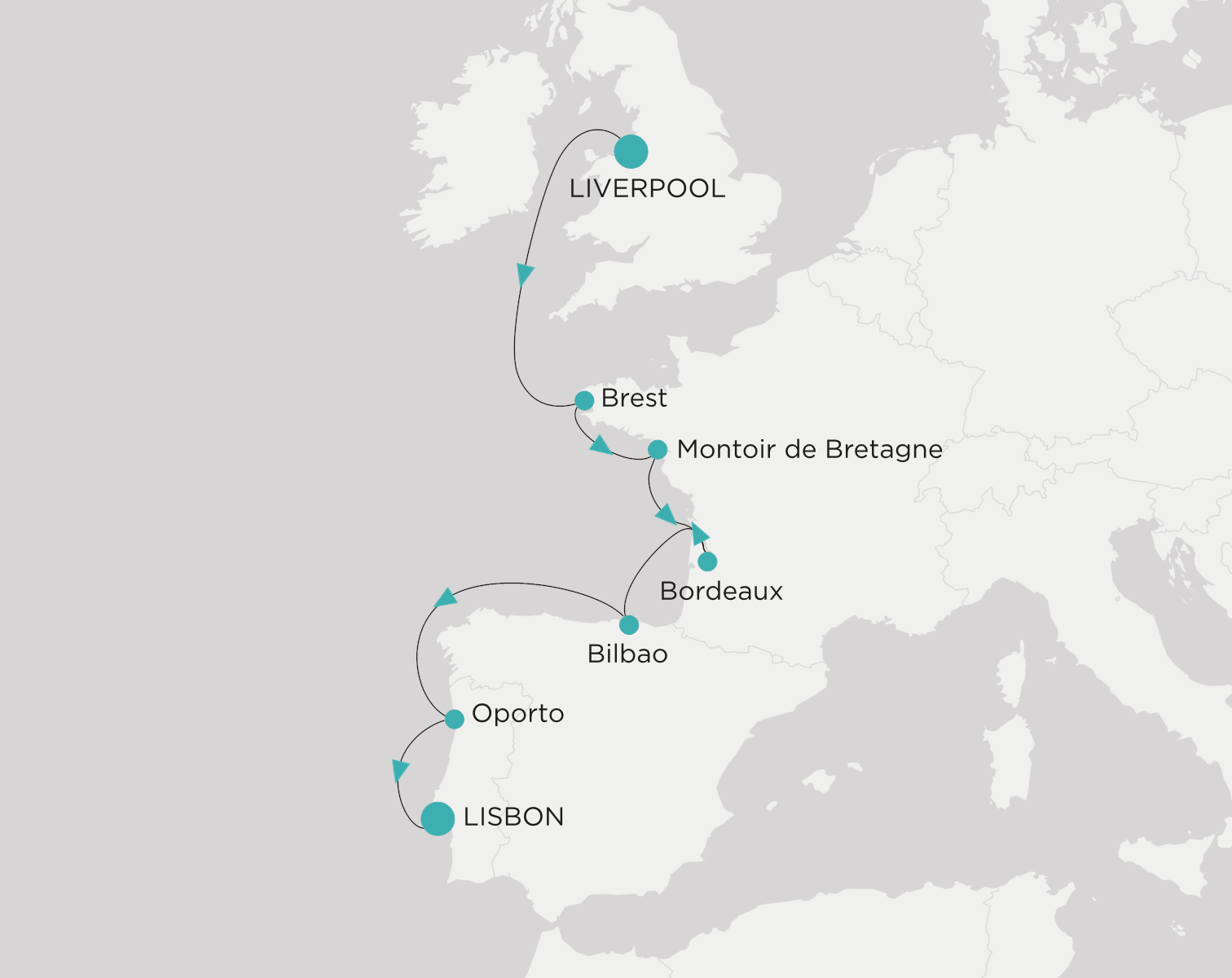Carte de l’itinéraire Crystal Symphony, Liverpool → Lisbonne