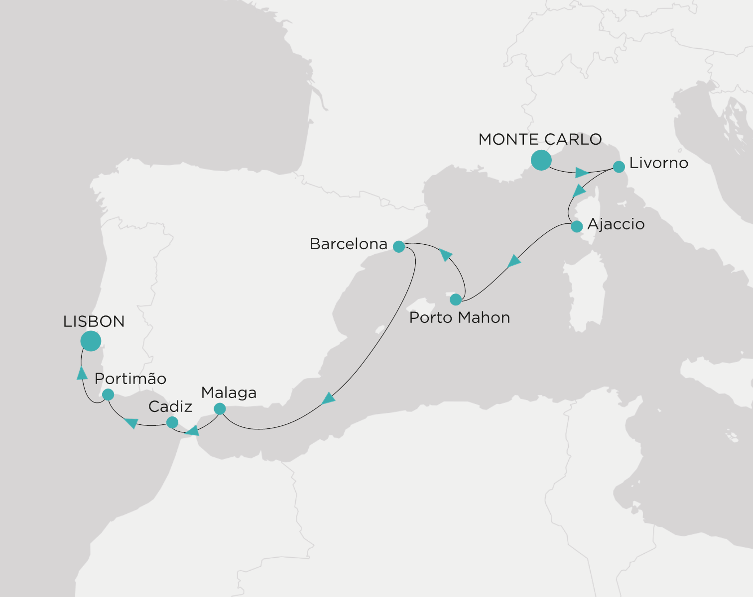 Carte de l’itinéraire Crystal Symphony, Monte-Carlo → Lisbonne