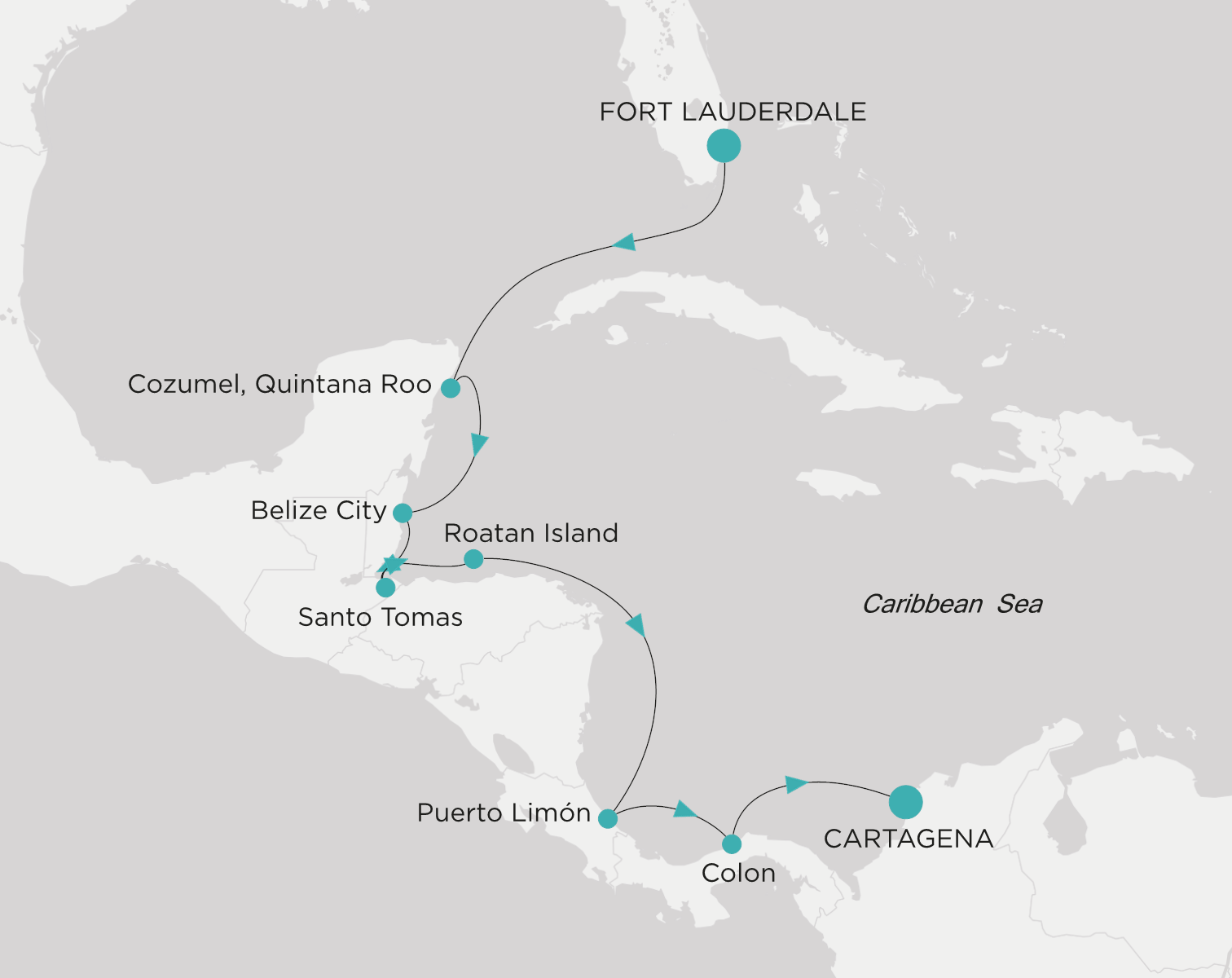Carte de l’itinéraire Crystal Symphony, Fort Lauderdale → Cartagena