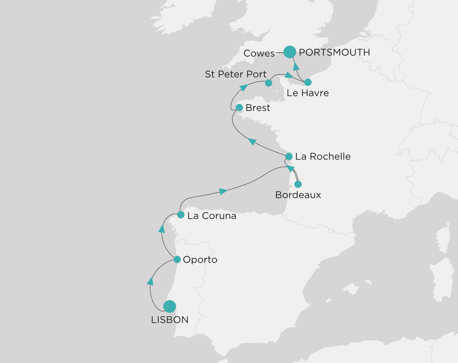 Carte de l’itinéraire Crystal Symphony, Lisbonne → Portsmouth